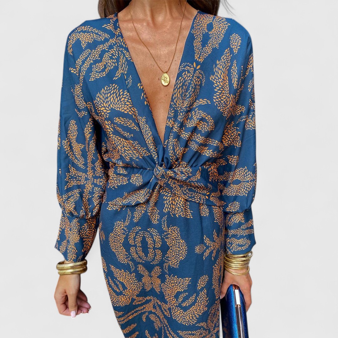 Δημητρούλα - Μίντι Φόρεμα με Στρίψιμο Μπροστά, Βαθύ V-Ντεκολτέ, Μακριά Μανίκια &amp; Παϊσλέ Σχέδιο