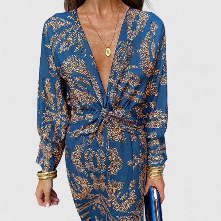 Δημητρούλα - Μίντι Φόρεμα με Στρίψιμο Μπροστά, Βαθύ V-Ντεκολτέ, Μακριά Μανίκια &amp; Παϊσλέ Σχέδιο