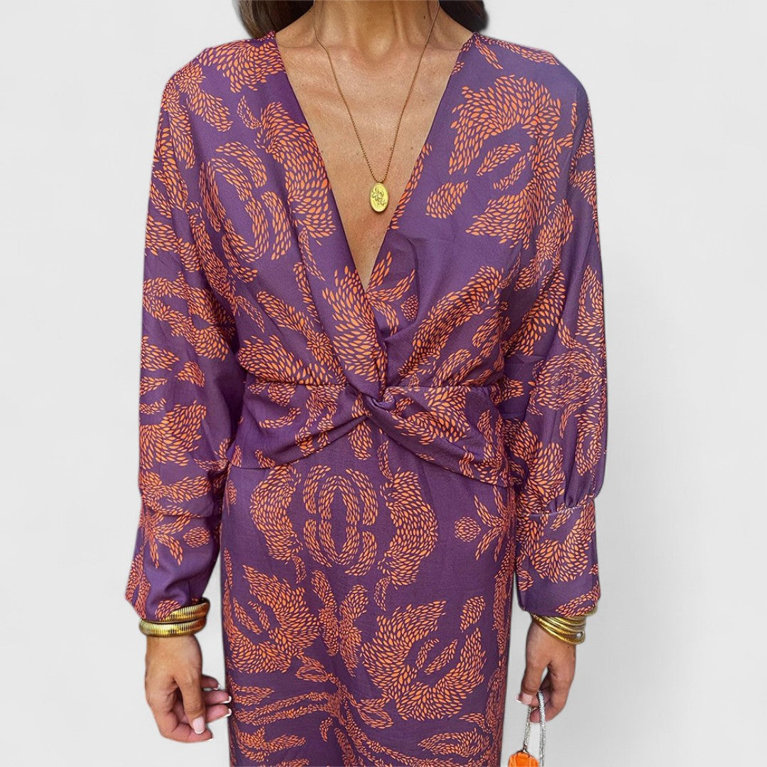 Δημητρούλα - Μίντι Φόρεμα με Στρίψιμο Μπροστά, Βαθύ V-Ντεκολτέ, Μακριά Μανίκια &amp; Παϊσλέ Σχέδιο