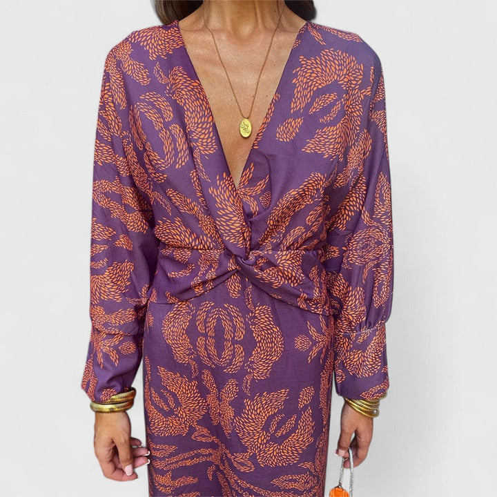 Δημητρούλα - Μίντι Φόρεμα με Στρίψιμο Μπροστά, Βαθύ V-Ντεκολτέ, Μακριά Μανίκια &amp; Παϊσλέ Σχέδιο