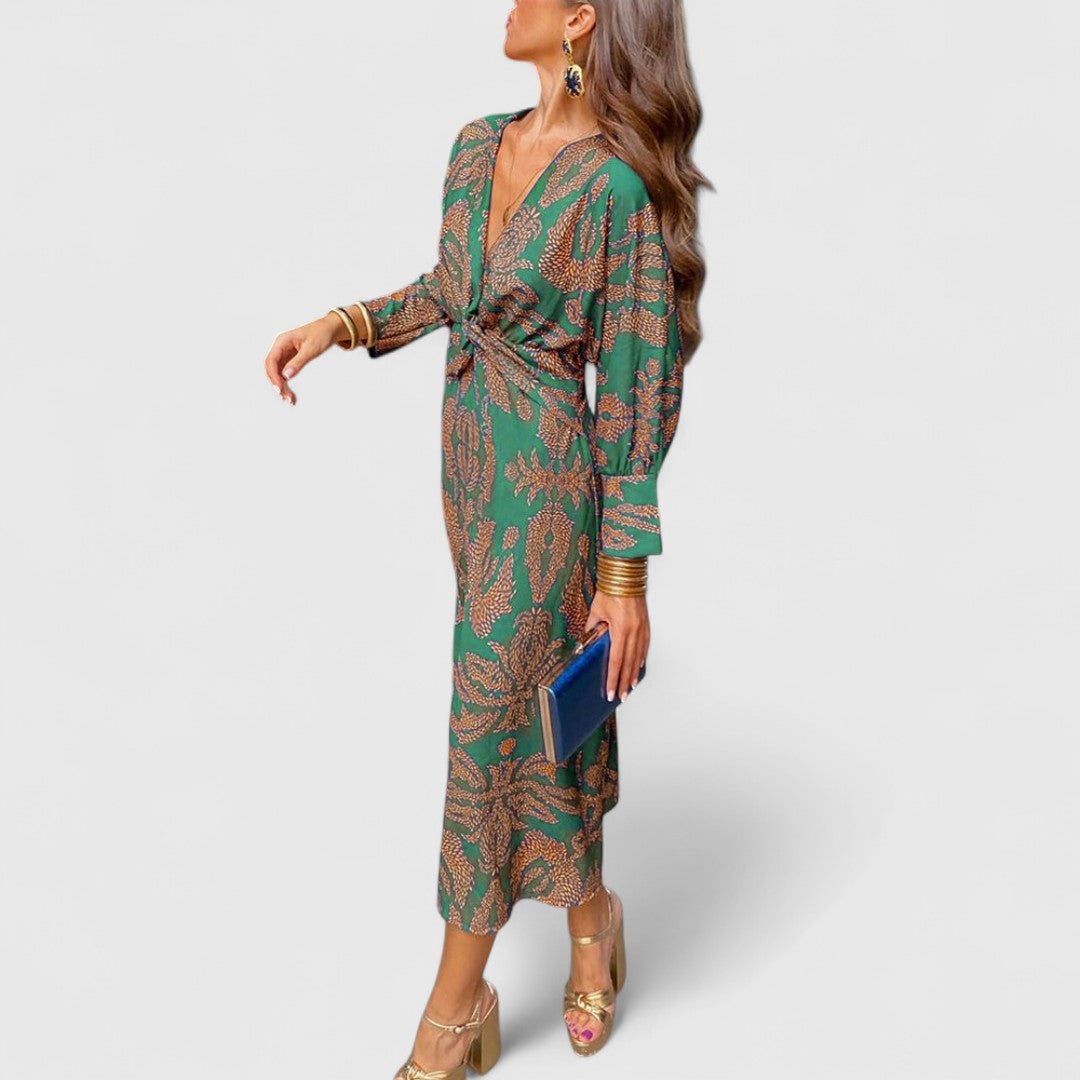 Δημητρούλα - Μίντι Φόρεμα με Στρίψιμο Μπροστά, Βαθύ V-Ντεκολτέ, Μακριά Μανίκια &amp; Παϊσλέ Σχέδιο