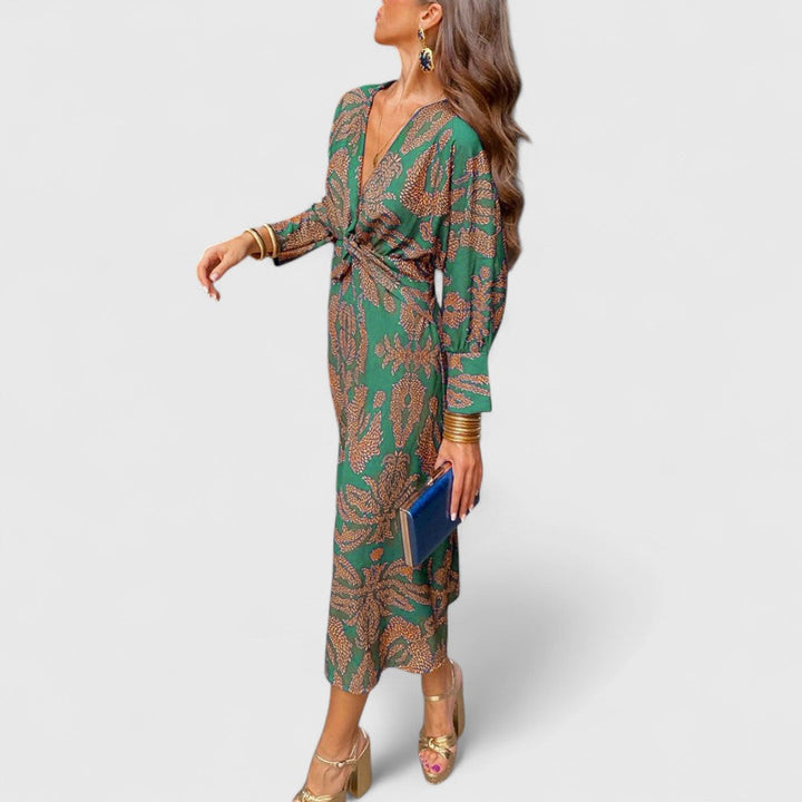 Δημητρούλα - Μίντι Φόρεμα με Στρίψιμο Μπροστά, Βαθύ V-Ντεκολτέ, Μακριά Μανίκια &amp; Παϊσλέ Σχέδιο