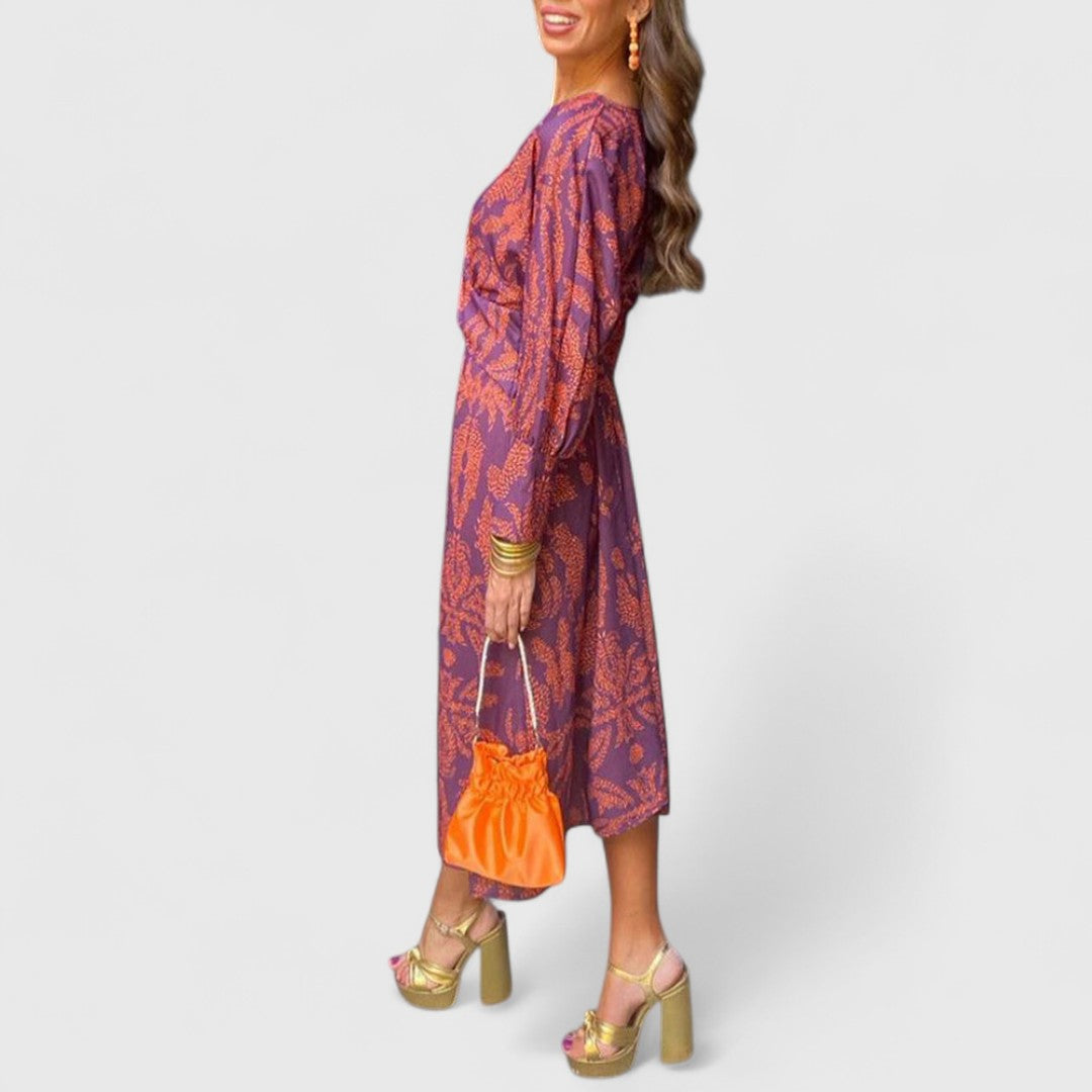 Δημητρούλα - Μίντι Φόρεμα με Στρίψιμο Μπροστά, Βαθύ V-Ντεκολτέ, Μακριά Μανίκια &amp; Παϊσλέ Σχέδιο