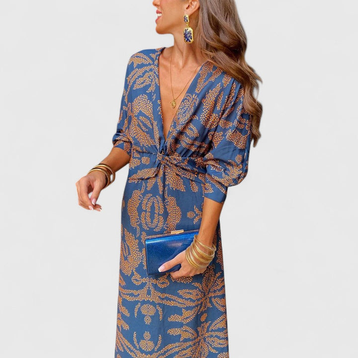 Δημητρούλα - Μίντι Φόρεμα με Στρίψιμο Μπροστά, Βαθύ V-Ντεκολτέ, Μακριά Μανίκια &amp; Παϊσλέ Σχέδιο