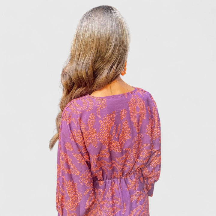 Δημητρούλα - Μίντι Φόρεμα με Στρίψιμο Μπροστά, Βαθύ V-Ντεκολτέ, Μακριά Μανίκια &amp; Παϊσλέ Σχέδιο