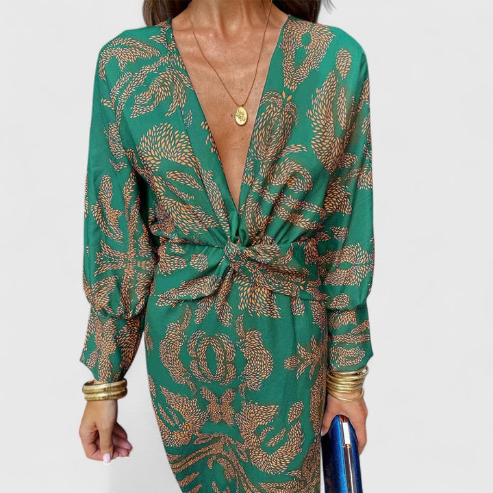 Δημητρούλα - Μίντι Φόρεμα με Στρίψιμο Μπροστά, Βαθύ V-Ντεκολτέ, Μακριά Μανίκια &amp; Παϊσλέ Σχέδιο