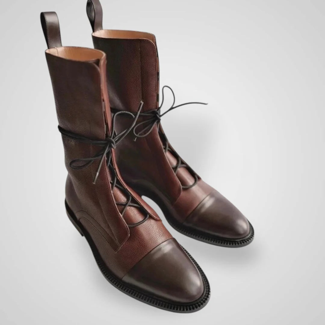 Βίτζι - Δερμάτινο μποτάκι αστραγάλου με κορδόνια, λείο και ανάγλυφο