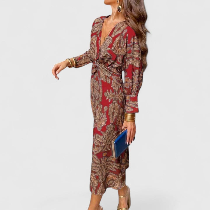 Δημητρούλα - Μίντι Φόρεμα με Στρίψιμο Μπροστά, Βαθύ V-Ντεκολτέ, Μακριά Μανίκια &amp; Παϊσλέ Σχέδιο