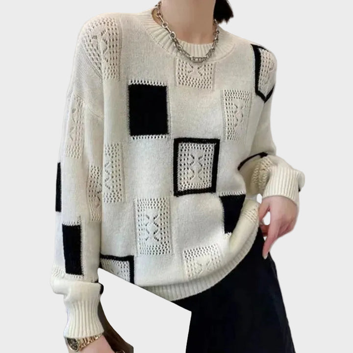 Κατερίνα - Πλεκτό πουλόβερ με καρό μοτίβο και ανοιχτή πλέξη