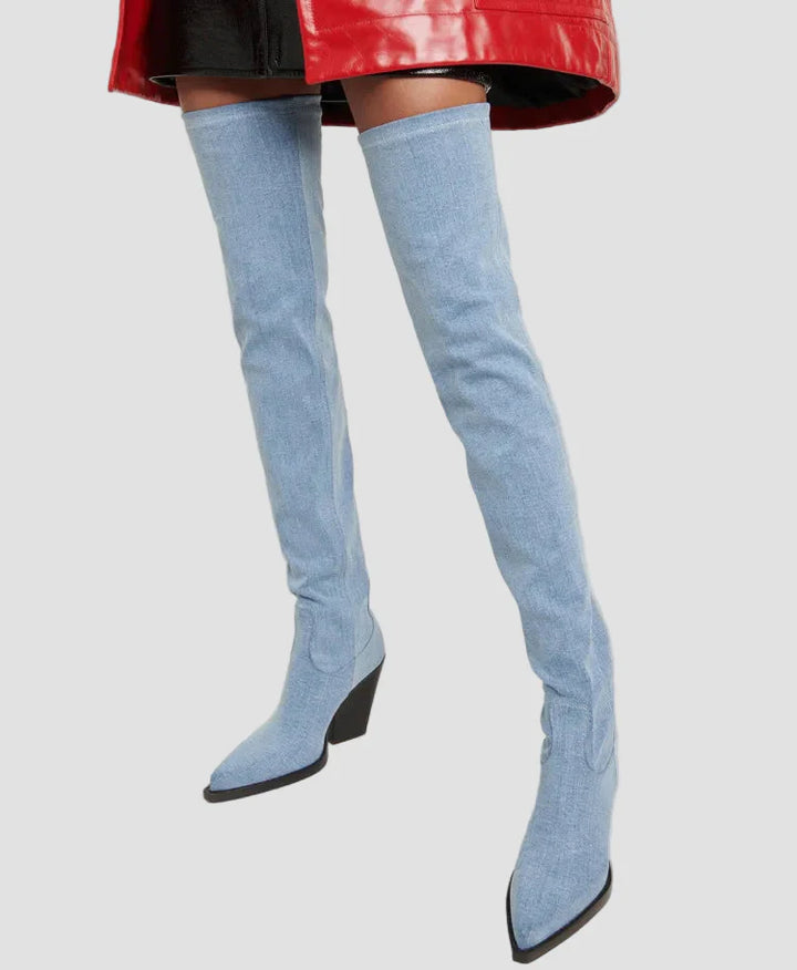 Ιωάννα - Μπότες με τακούνι πάνω από το γόνατο με δερμάτινη εμφάνιση