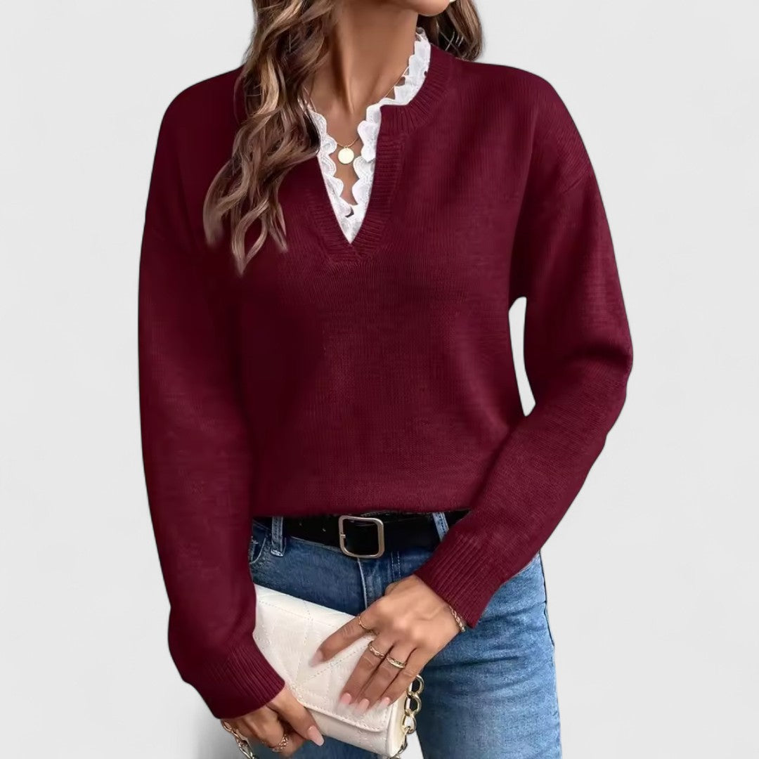 Ευτυχία - Μπλούζα με Δαντέλα και V-Λαιμό με Κομψή Άνεση