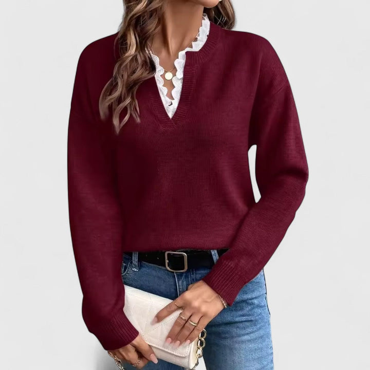 Ευτυχία - Μπλούζα με Δαντέλα και V-Λαιμό με Κομψή Άνεση