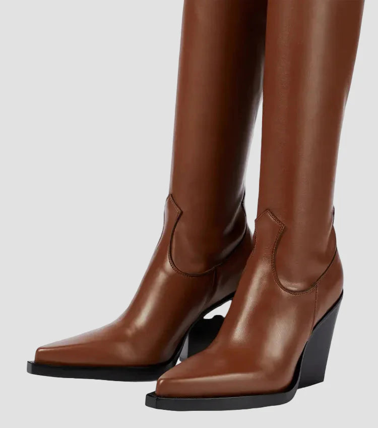 Ιωάννα - Μπότες με τακούνι πάνω από το γόνατο με δερμάτινη εμφάνιση