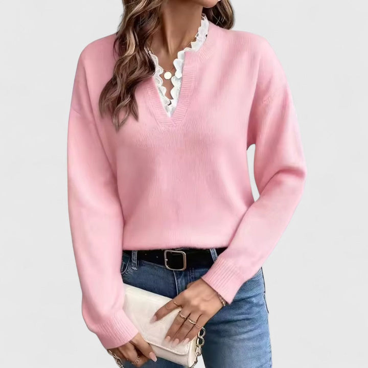 Ευτυχία - Μπλούζα με Δαντέλα και V-Λαιμό με Κομψή Άνεση