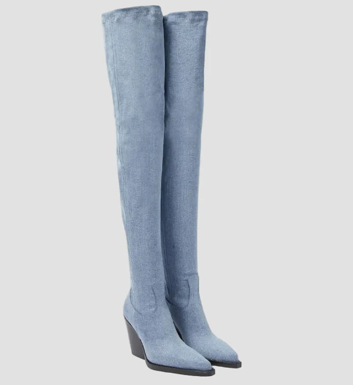 Ιωάννα - Μπότες με τακούνι πάνω από το γόνατο με δερμάτινη εμφάνιση