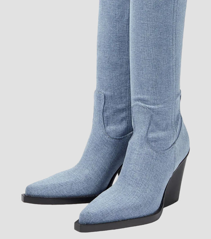 Ιωάννα - Μπότες με τακούνι πάνω από το γόνατο με δερμάτινη εμφάνιση