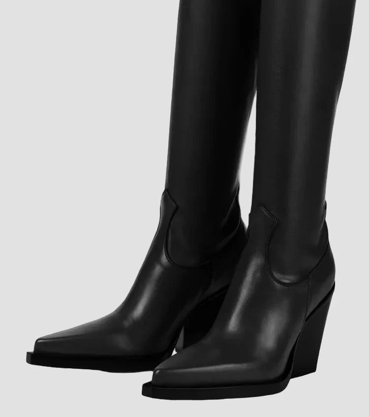 Ιωάννα - Μπότες με τακούνι πάνω από το γόνατο με δερμάτινη εμφάνιση