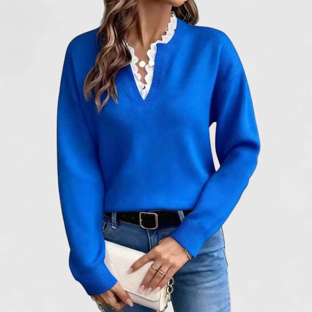 Ευτυχία - Μπλούζα με Δαντέλα και V-Λαιμό με Κομψή Άνεση