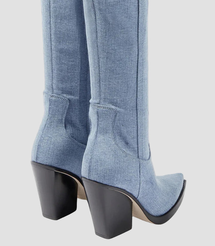 Ιωάννα - Μπότες με τακούνι πάνω από το γόνατο με δερμάτινη εμφάνιση