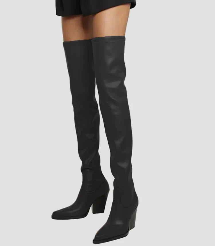 Ιωάννα - Μπότες με τακούνι πάνω από το γόνατο με δερμάτινη εμφάνιση
