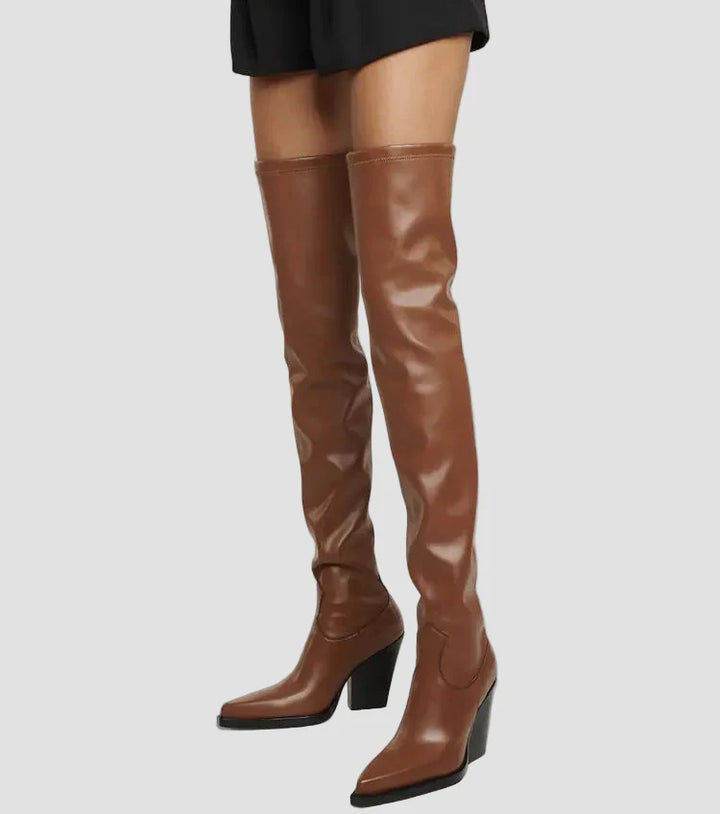 Ιωάννα - Μπότες με τακούνι πάνω από το γόνατο με δερμάτινη εμφάνιση