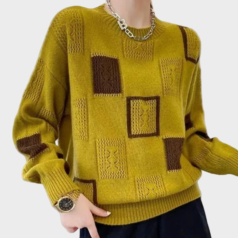 Κατερίνα - Πλεκτό πουλόβερ με καρό μοτίβο και ανοιχτή πλέξη