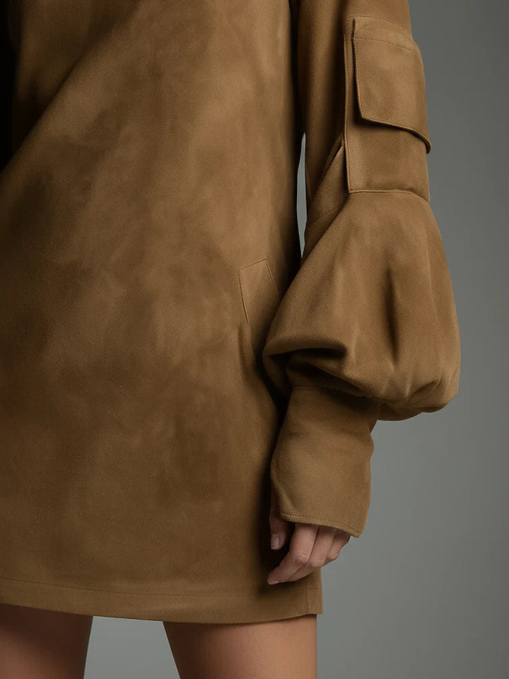 Δήμητρα - Φαρδύ μίνι φόρεμα από σουέτ με ψηλό γιακά