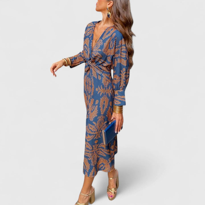 Δημητρούλα - Μίντι Φόρεμα με Στρίψιμο Μπροστά, Βαθύ V-Ντεκολτέ, Μακριά Μανίκια &amp; Παϊσλέ Σχέδιο