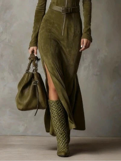 Μαρία - Κομψό Μακρύ Φόρεμα από Σουέντ με Ζώνη και Σκίσιμο